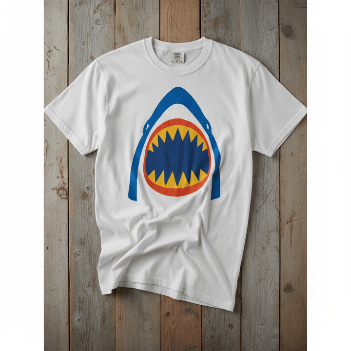 Vintage Surf Shark white garment-dyed tee on faded driftwood planks