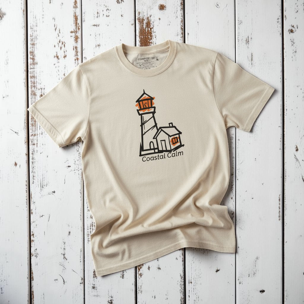 Coastal Calm Orange Lookout Lighthouse ivory garment-dyed tee on faded driftwood planks