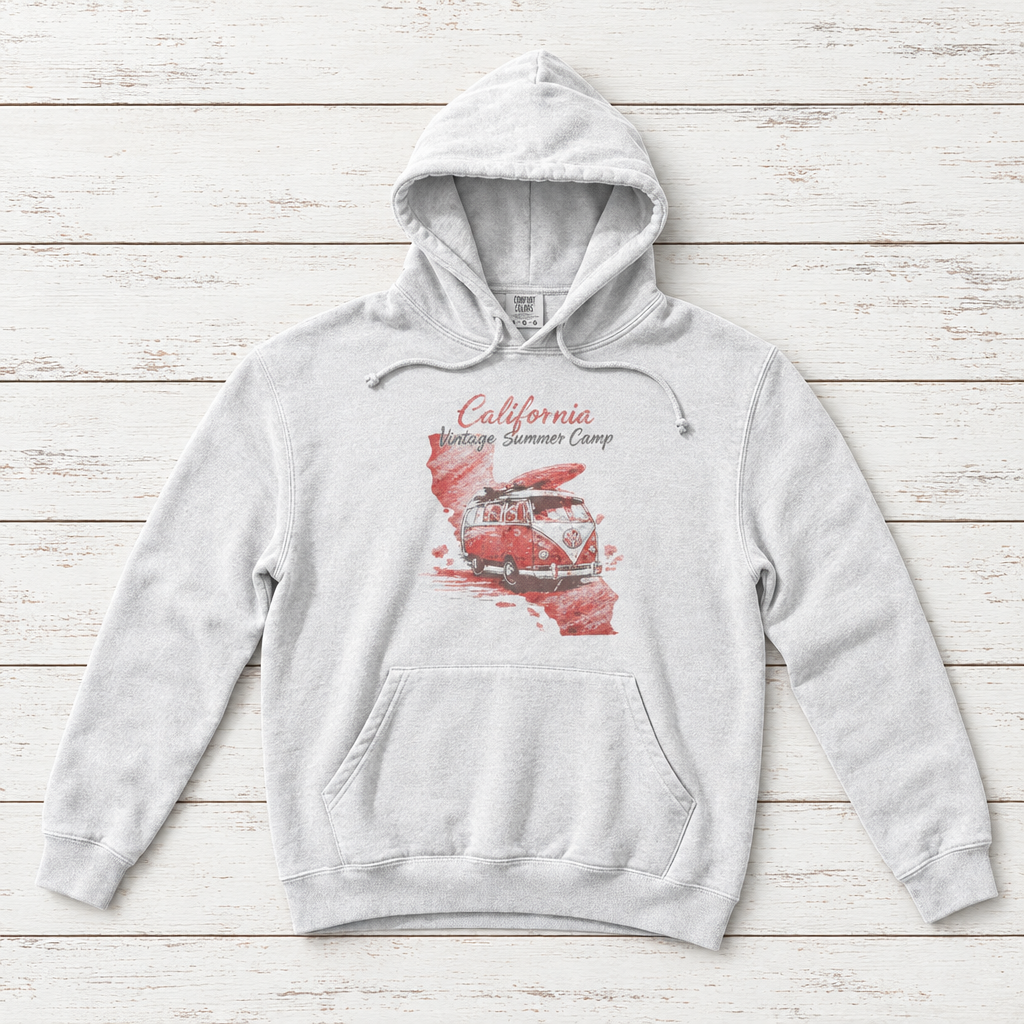 California Surfing Camp white hoodie flat lay on whitewashed boards
