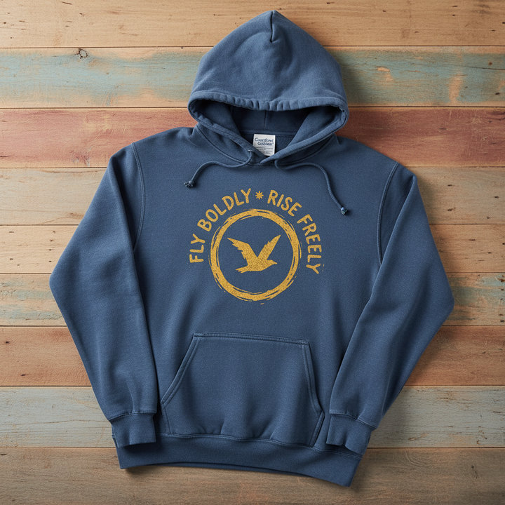 Denim blue Fly Boldly Rise Freely hoodie flat lay on weathered driftwood planks