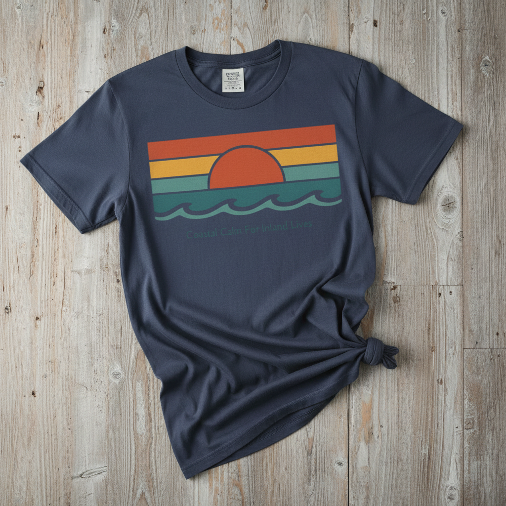 Coastal Calm for Inland Lives midnight garment-dyed tee on faded driftwood planks