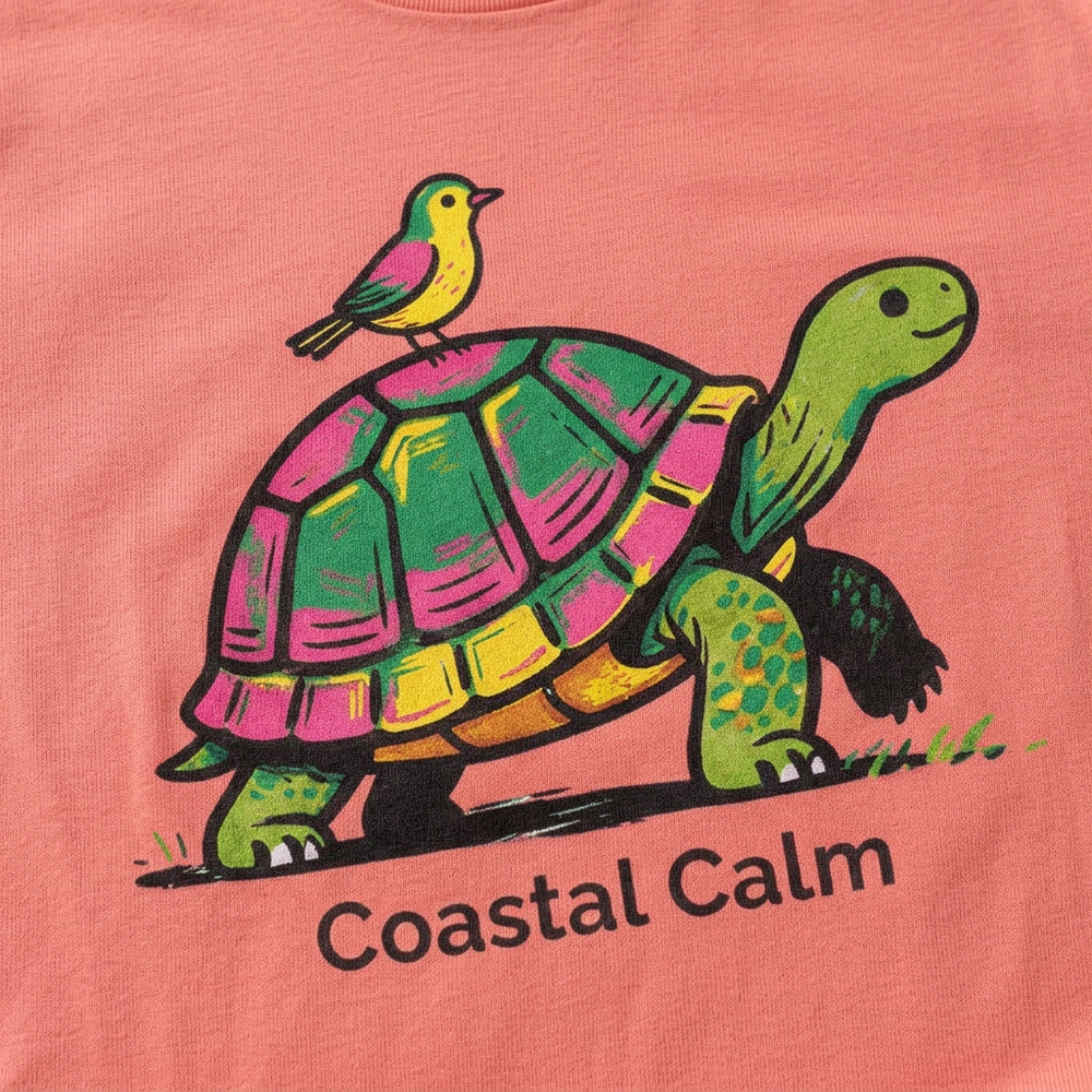 Coral Coastal Calm Turtle Buddies tee colorful turtle and perched bird graphic close-up