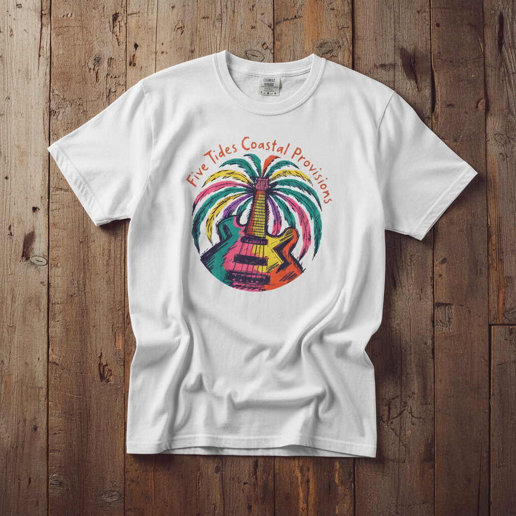 Rainbow Guitar Palm Tree white garment-dyed tee casually tousled on rustic reclaimed wood