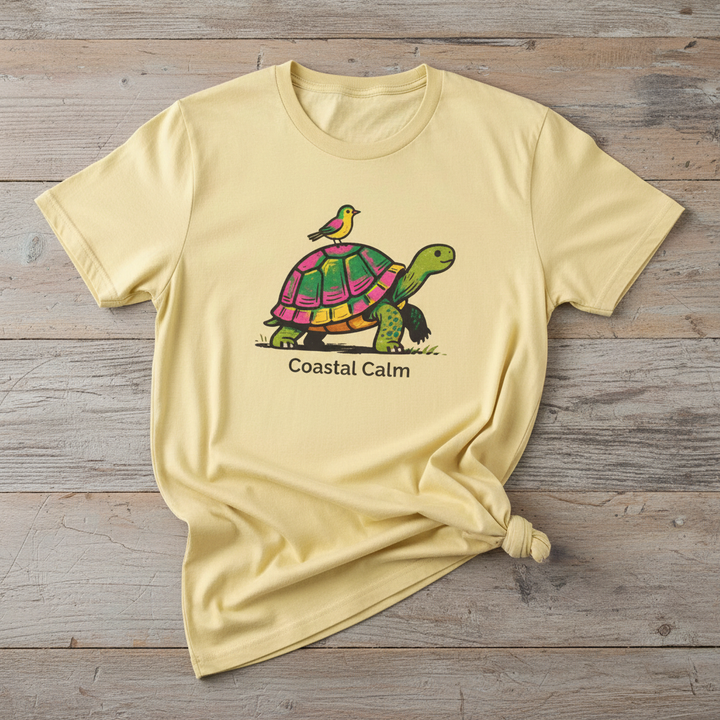 Coastal Calm Turtle Buddies banana garment-dyed tee on faded driftwood planks