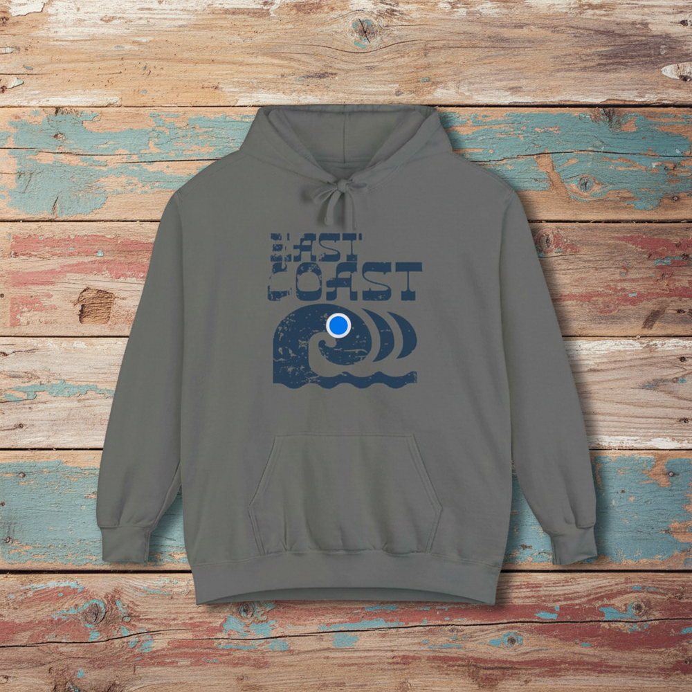 East Coast Waves Garment-Dyed Hoodie grey on faded driftwood planks