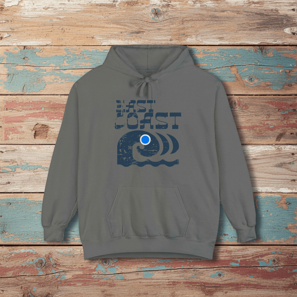 East Coast Waves Garment-Dyed Hoodie grey on faded driftwood planks