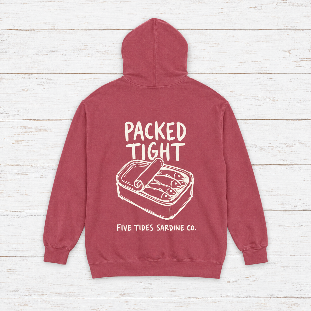Five Tides Sardine Co. hoodie flat lay on whitewashed boards