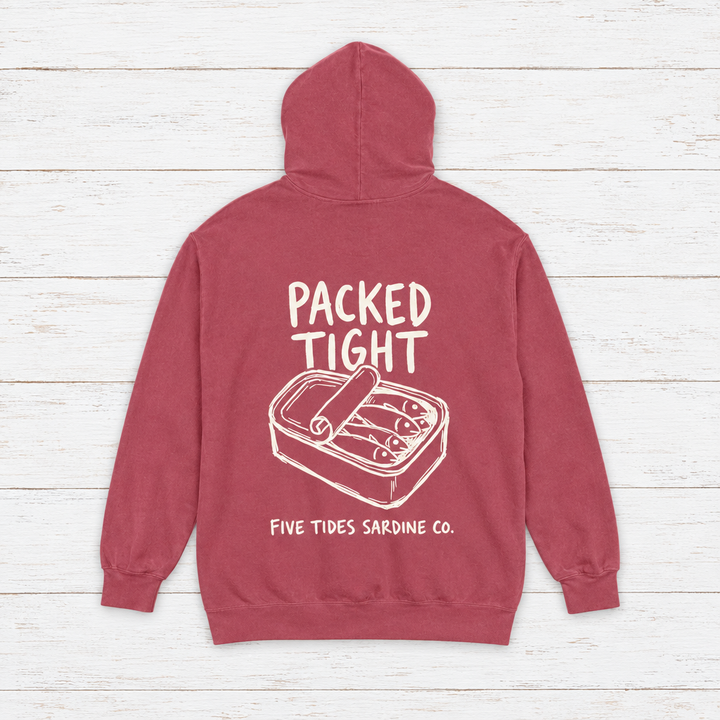 Five Tides Sardine Co. hoodie flat lay on whitewashed boards