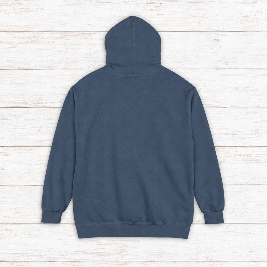 Chesapeake Crab House hoodie flat lay on whitewashed boards