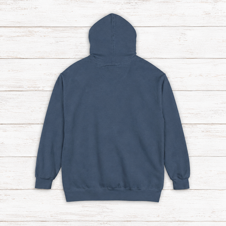 Chesapeake Crab House hoodie flat lay on whitewashed boards