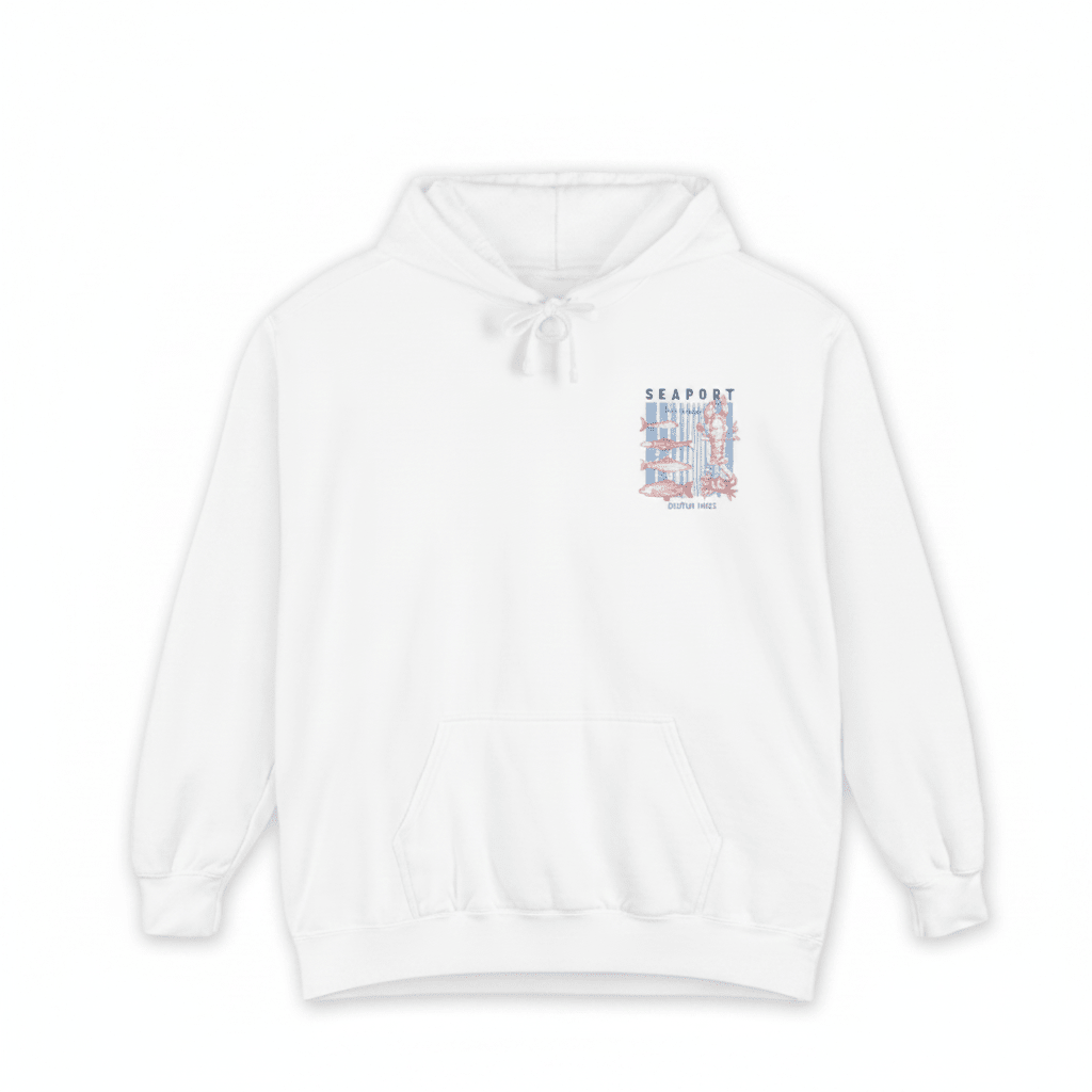 Seaport hoodie front - white background