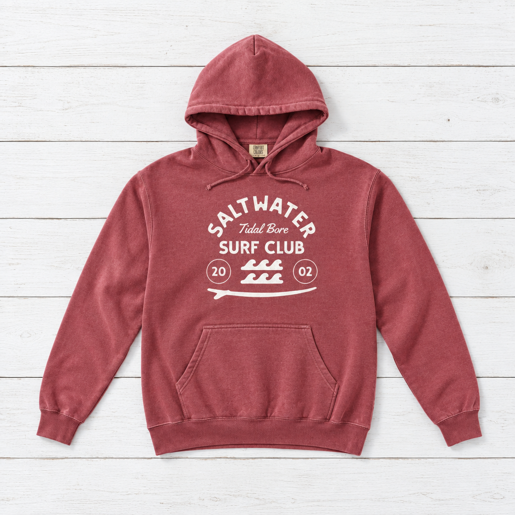 Crimson Saltwater Tidal Bore Surf Club hoodie front on whitewashed boards