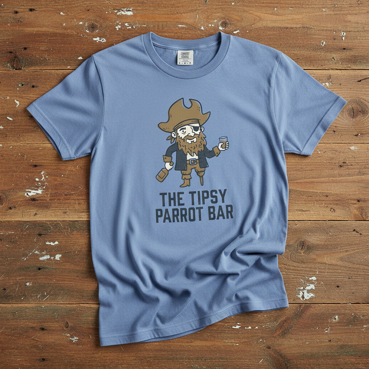 Tipsy Parrot Bar washed denim garment-dyed tee casually tousled on rustic reclaimed wood