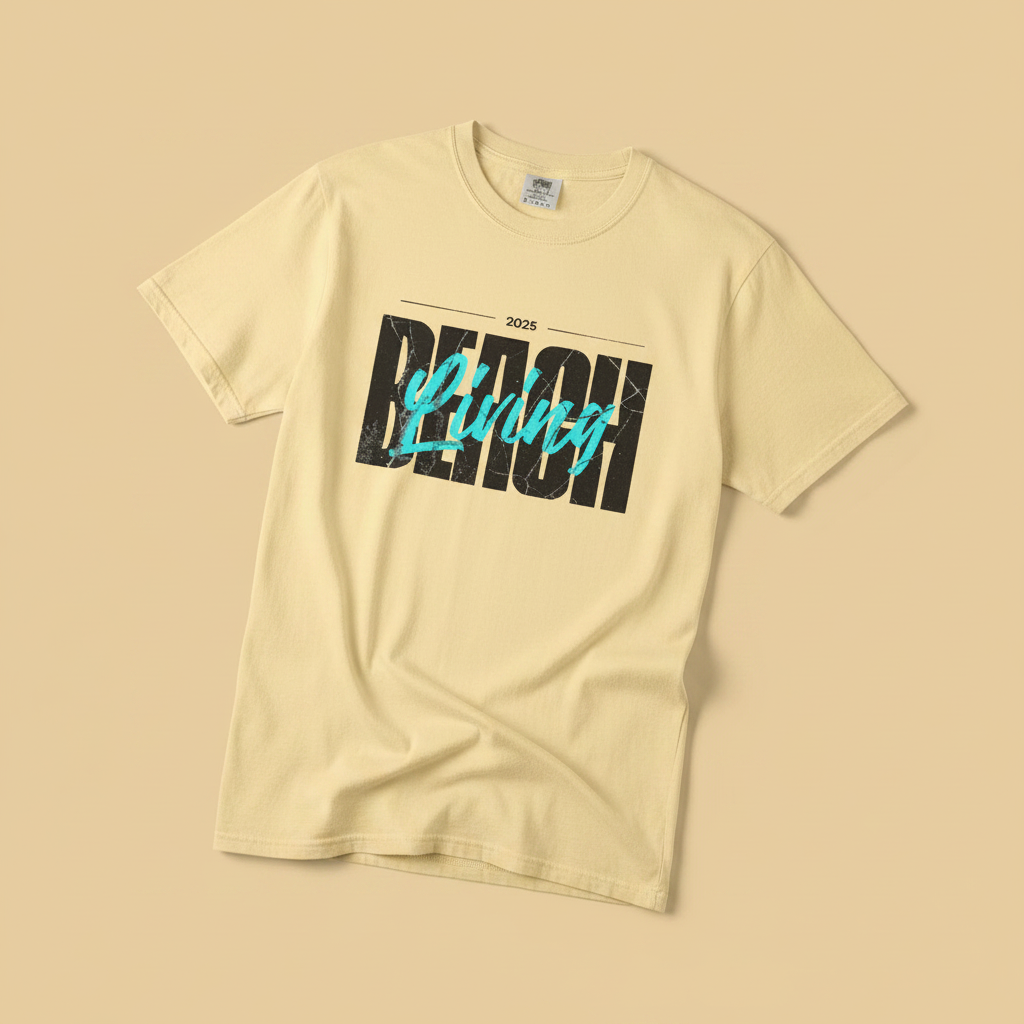 Beach Living Tee in Butter Yellow — front graphic, warm sand studio background