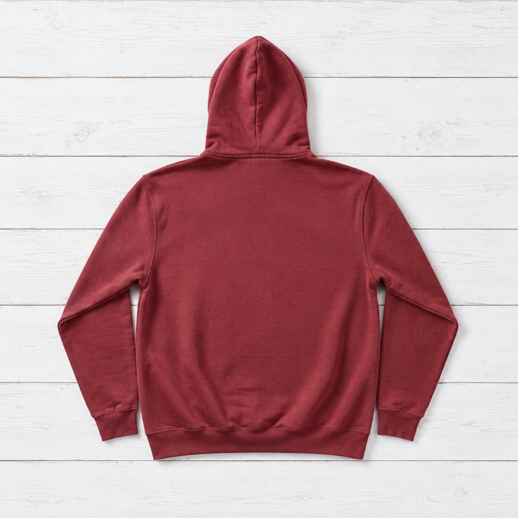 Crimson hoodie back flat lay on whitewashed boards