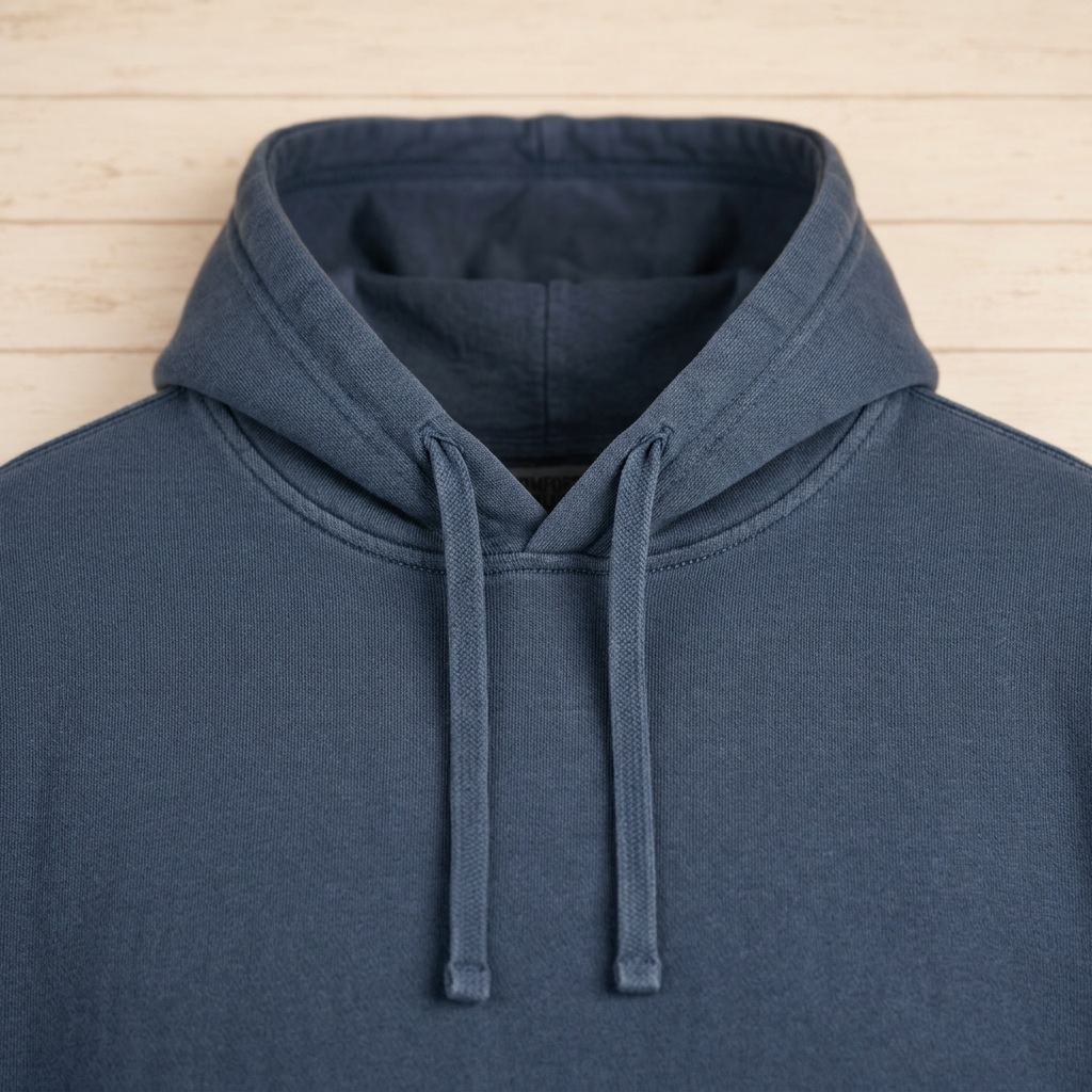 Chesapeake Crab House denim blue hoodie hood opening and flat drawstring close-up