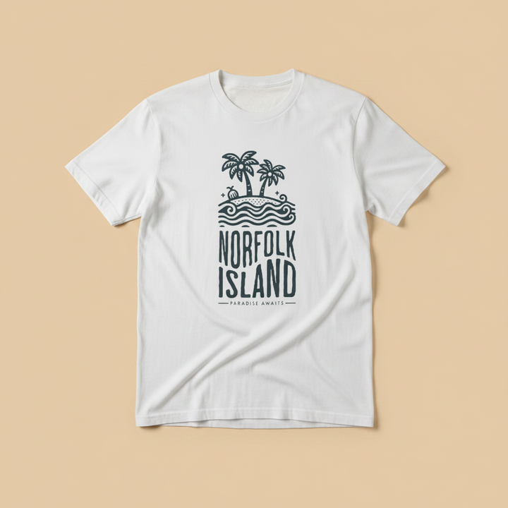 Norfolk Island Tee in White — front graphic, warm sand studio background