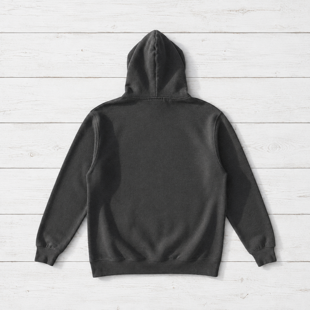 Pepper hoodie back flat lay on whitewashed boards