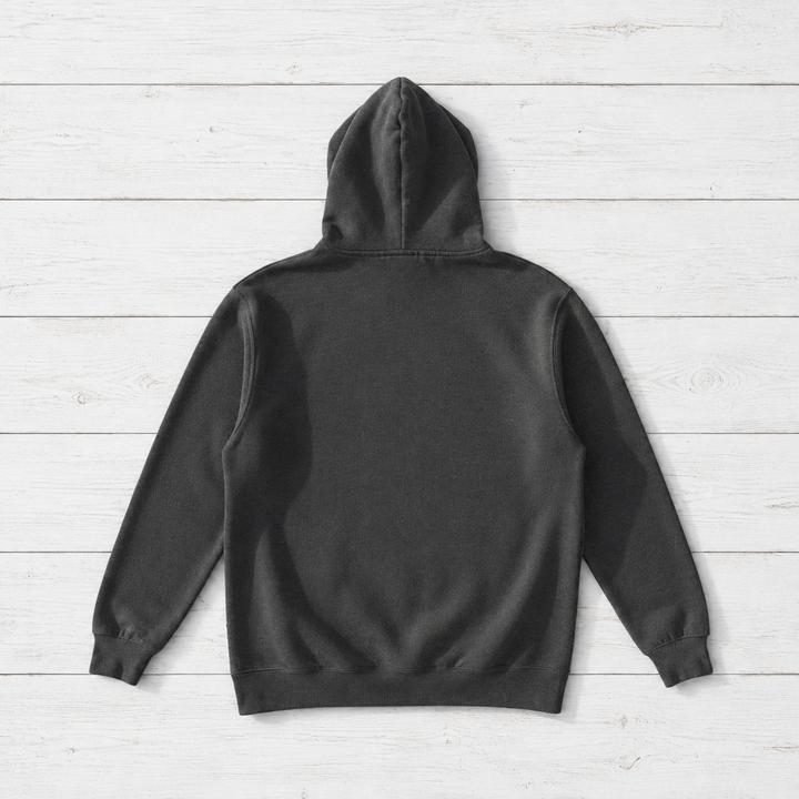 Pepper hoodie back flat lay on whitewashed boards