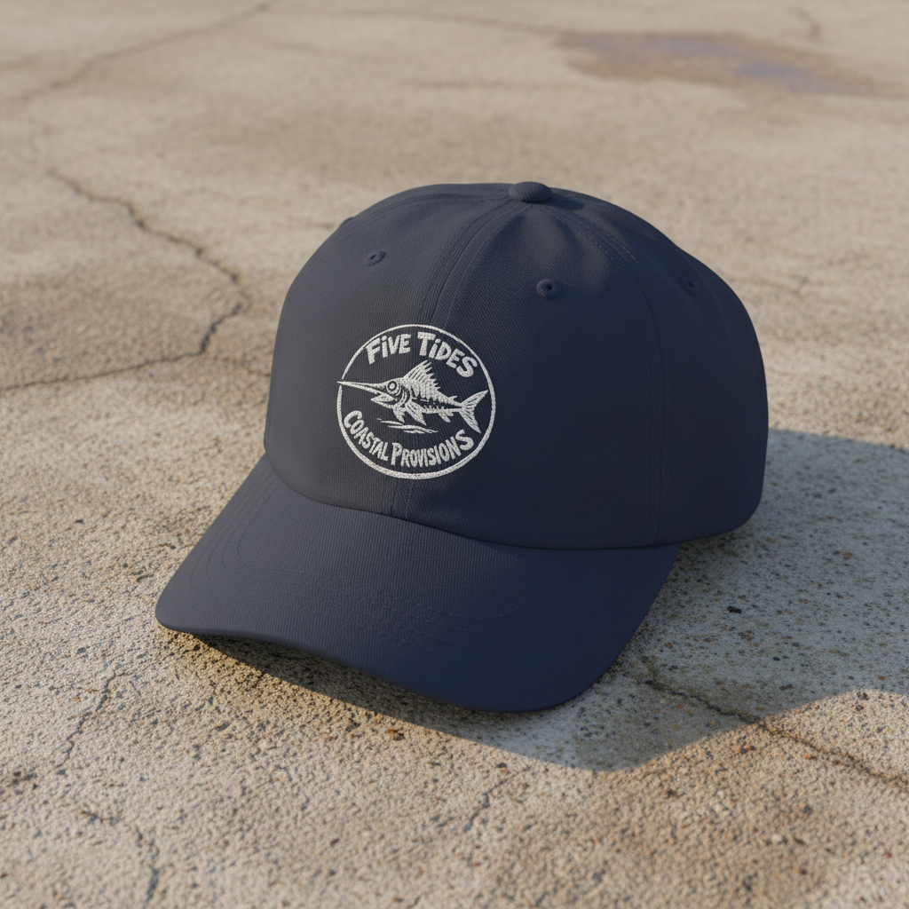 Coastal Provisions navy dad cap on light cracked cement with wet marks