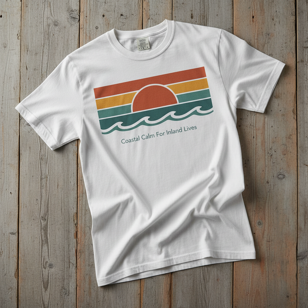 Coastal Calm for Inland Lives white garment-dyed tee on faded driftwood planks