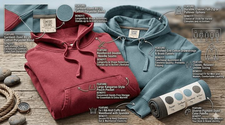 V Tides Rooster Hoodie | Garment-Dyed Coastal Pullover - FIVE TIDES APPAREL