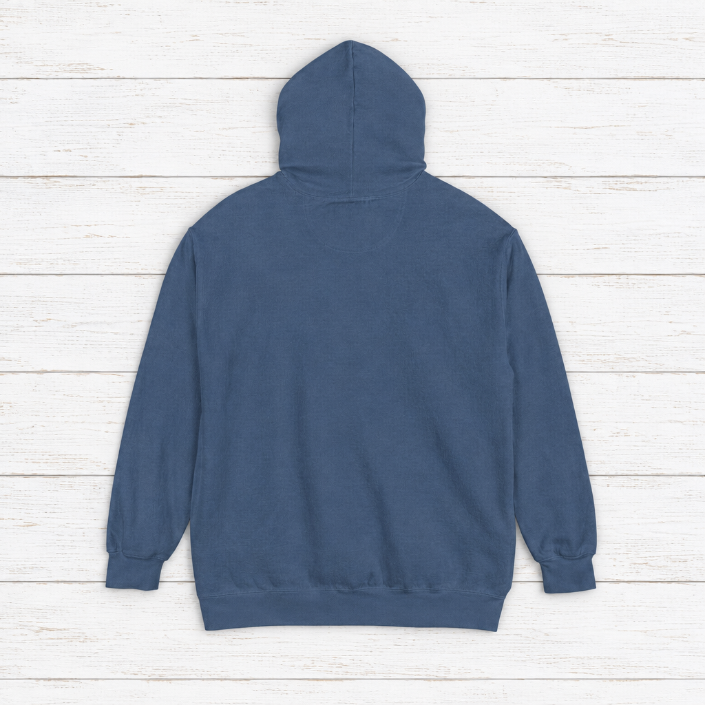 Lone Sardine hoodie flat lay on whitewashed boards