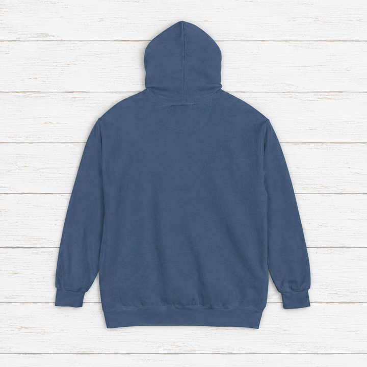 Lone Sardine hoodie flat lay on whitewashed boards