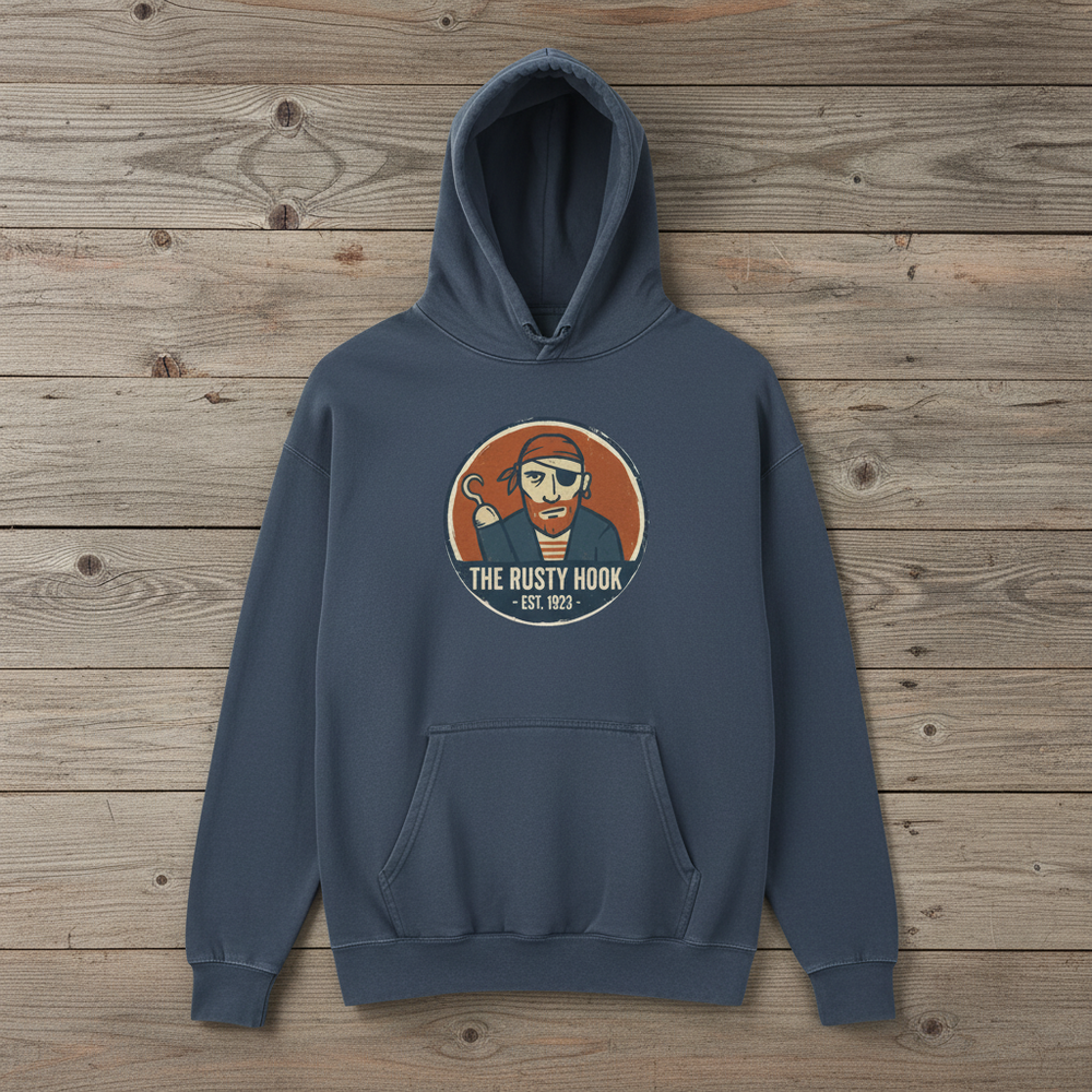 Distillery Logo Garment-Dyed Hoodie — Denim — Weathered Pine Background
