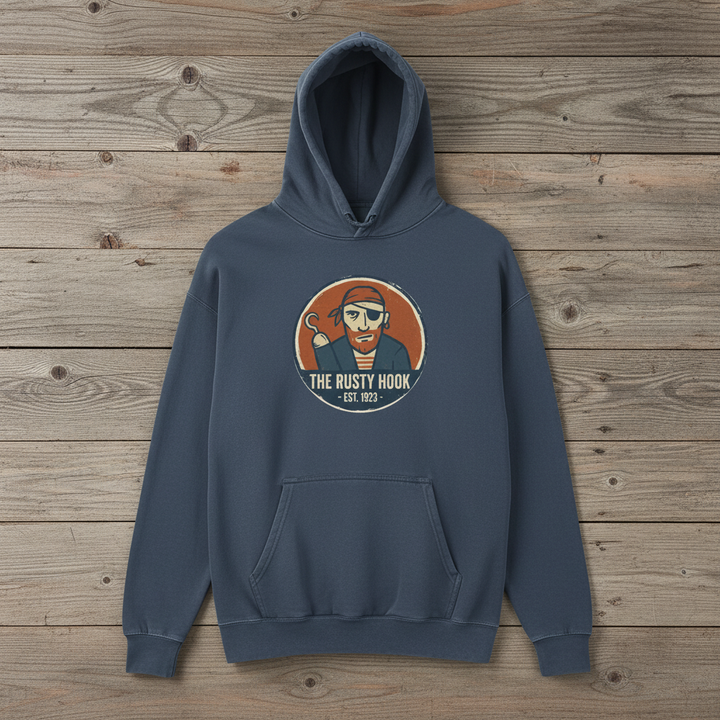 Distillery Logo Garment-Dyed Hoodie — Denim — Weathered Pine Background
