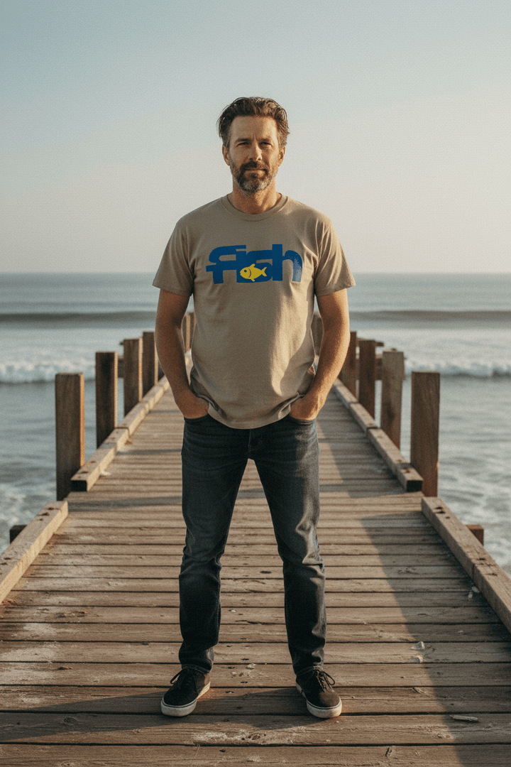 Man in his mid 30s wearing Fish khaki garment-dyed tee at retro-grunge beach dock