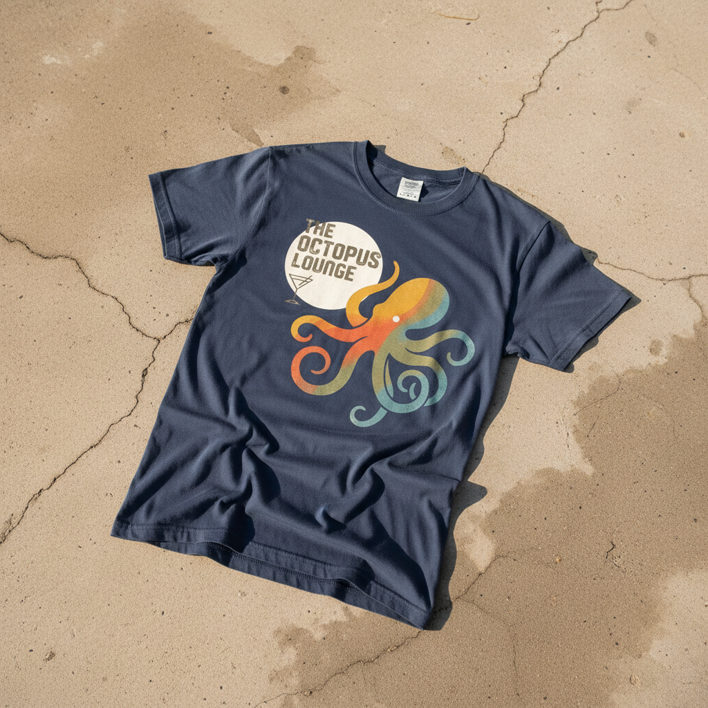 Octopus Lounge midnight garment-dyed tee on light cracked cement with wet marks