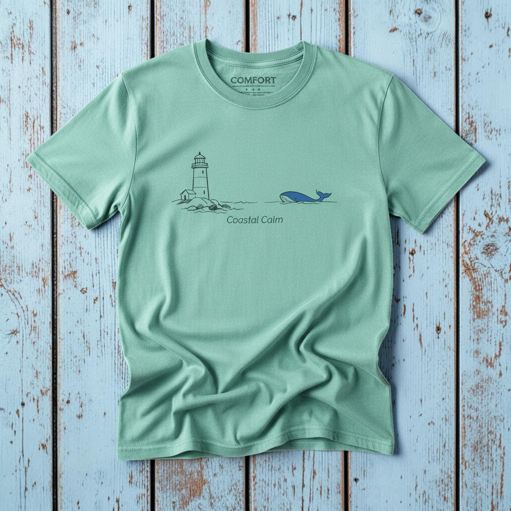 Lighthouse &amp; Whale Coastal Soul island reef garment-dyed tee on faded driftwood planks