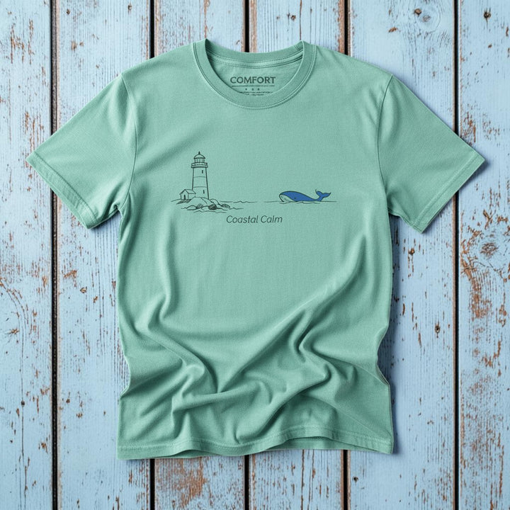 Lighthouse &amp; Whale Coastal Soul island reef garment-dyed tee on faded driftwood planks