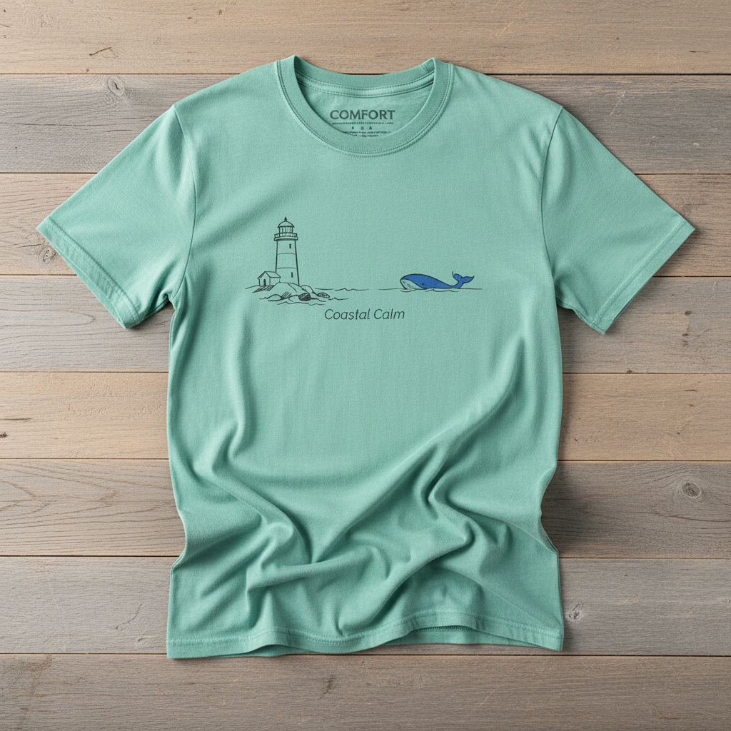 Lighthouse &amp; Whale Coastal Soul island reef garment-dyed tee on faded driftwood planks