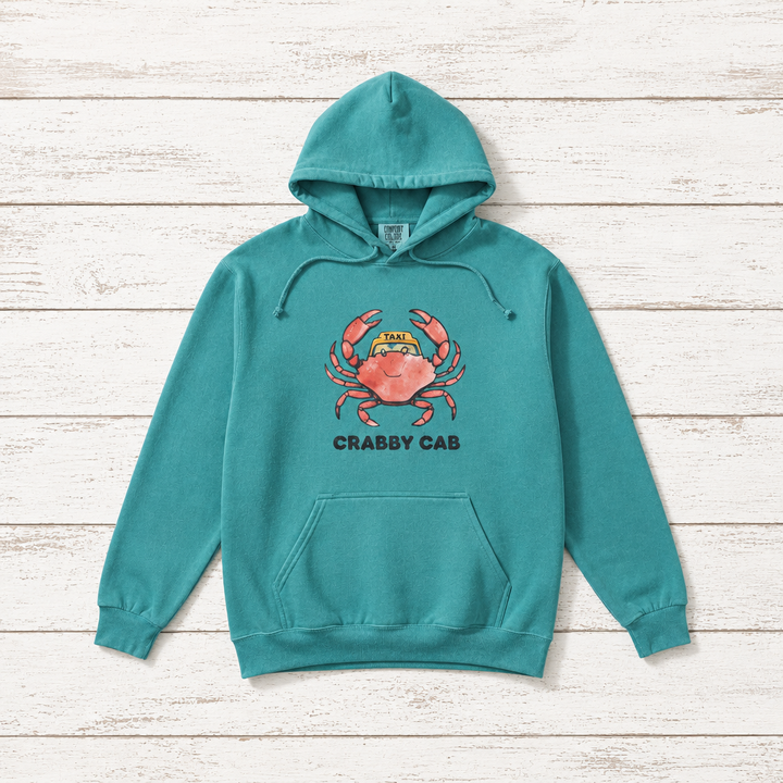 Crabby Cab Co. Grey and Seafoam hoodie flat lay on whitewashed boards