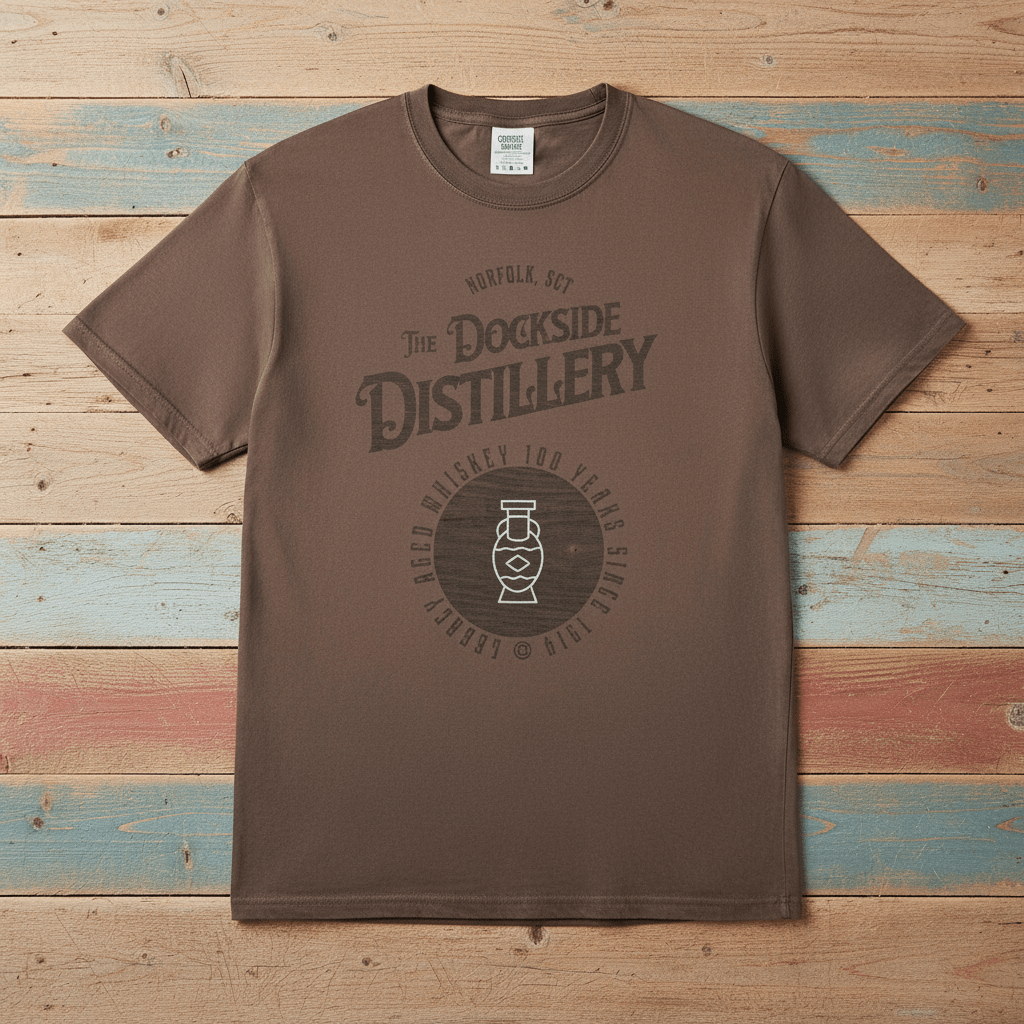 Vintage Dockside Distillery 100 Years Graphic Tee — Espresso on Colorful Driftwood
