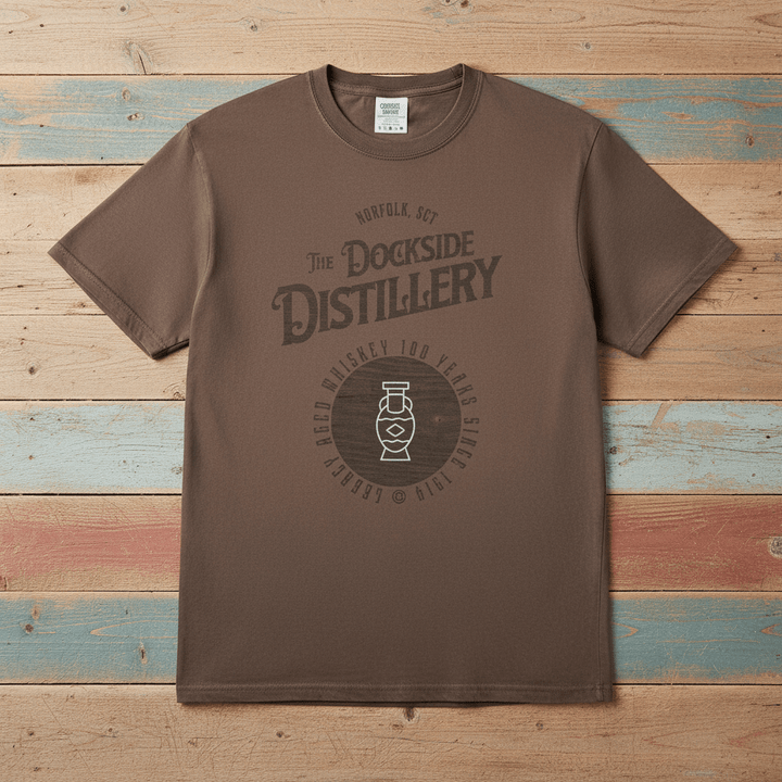 Vintage Dockside Distillery 100 Years Graphic Tee — Espresso on Colorful Driftwood