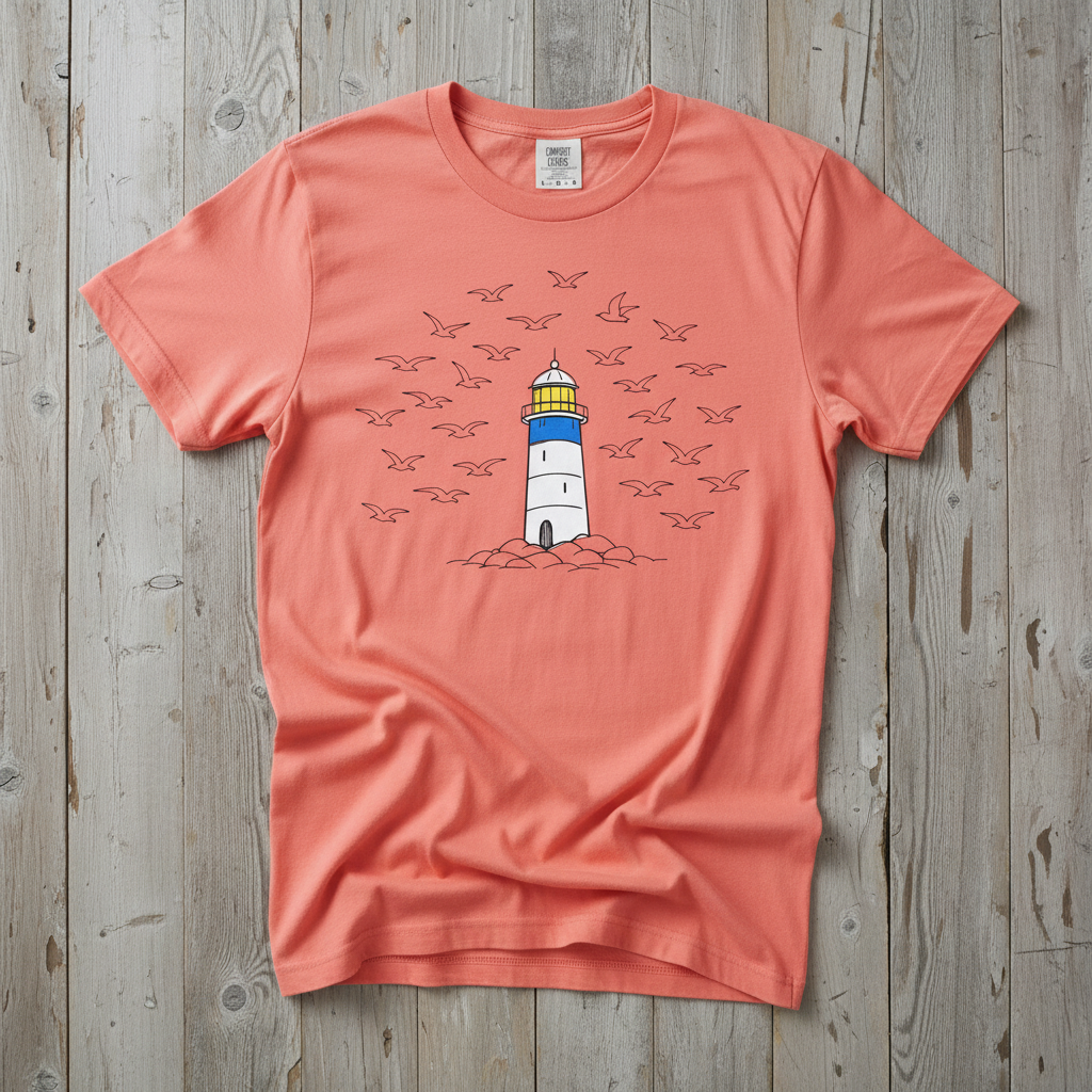 Lighthouse Coastal bright salmon garment-dyed tee on faded driftwood planks