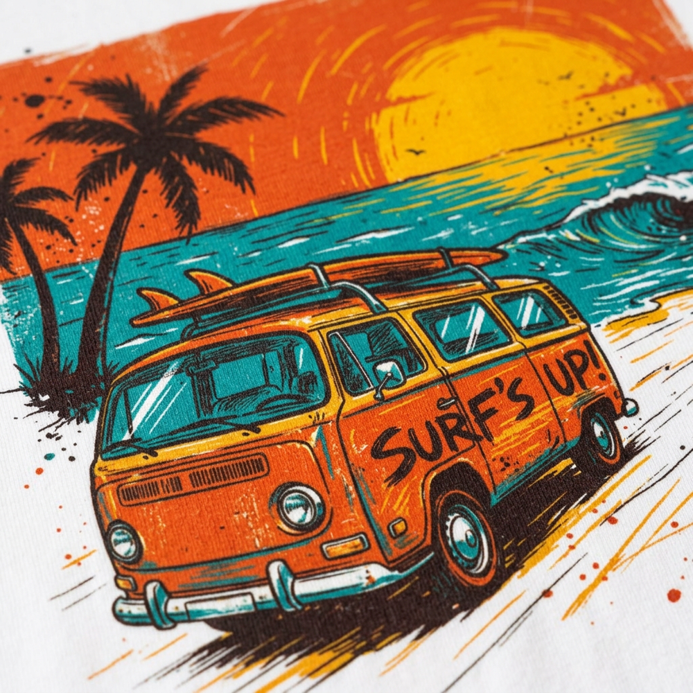 Casual Vintage Beach Van white tee orange surf van sunset graphic close-up