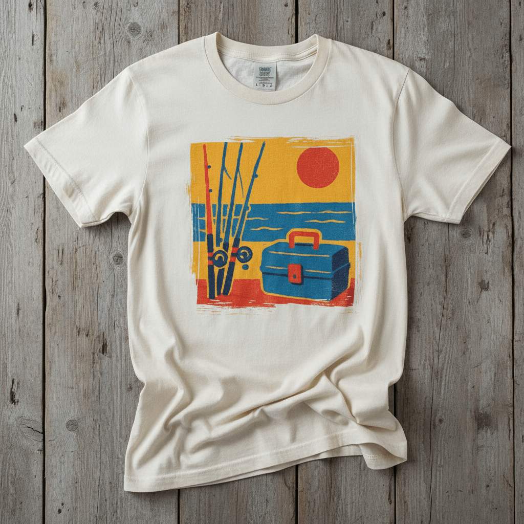 Vintage Tackle Box Sunset ivory garment-dyed tee on faded driftwood planks