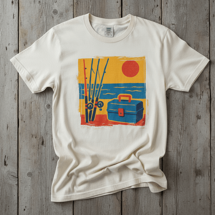 Vintage Tackle Box Sunset ivory garment-dyed tee on faded driftwood planks