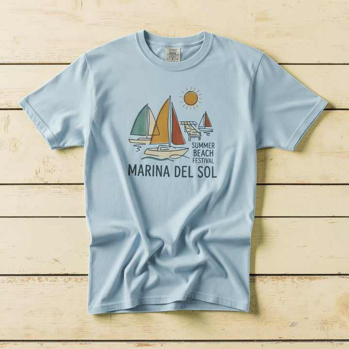 Marina Del Sol Sailboats chambray garment-dyed tee on weathered wood planks