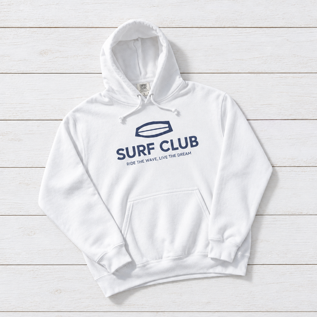 White Surf Club II hoodie front flat lay on whitewashed boards