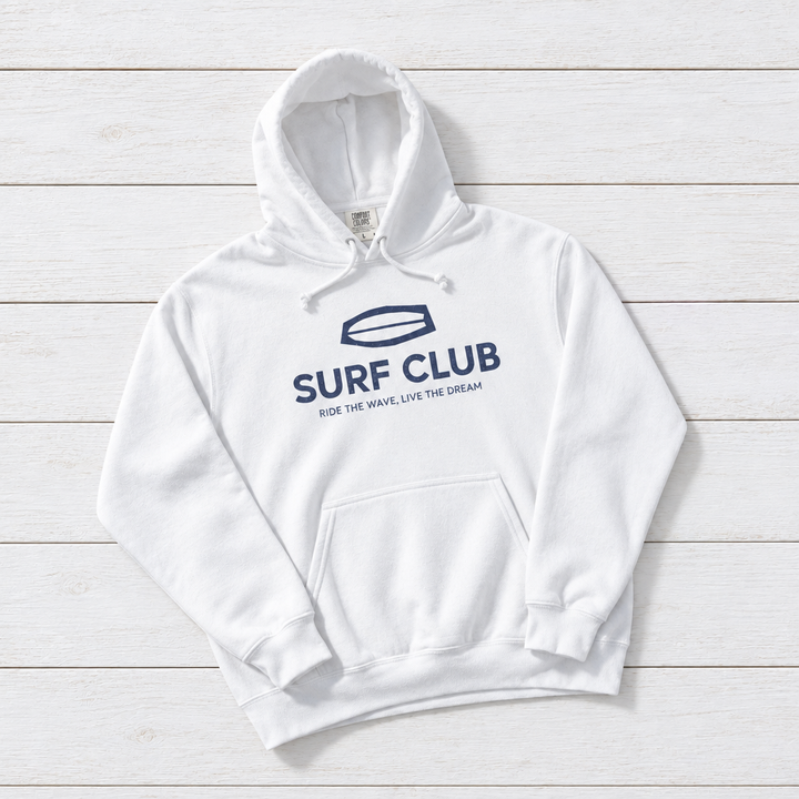 White Surf Club II hoodie front flat lay on whitewashed boards