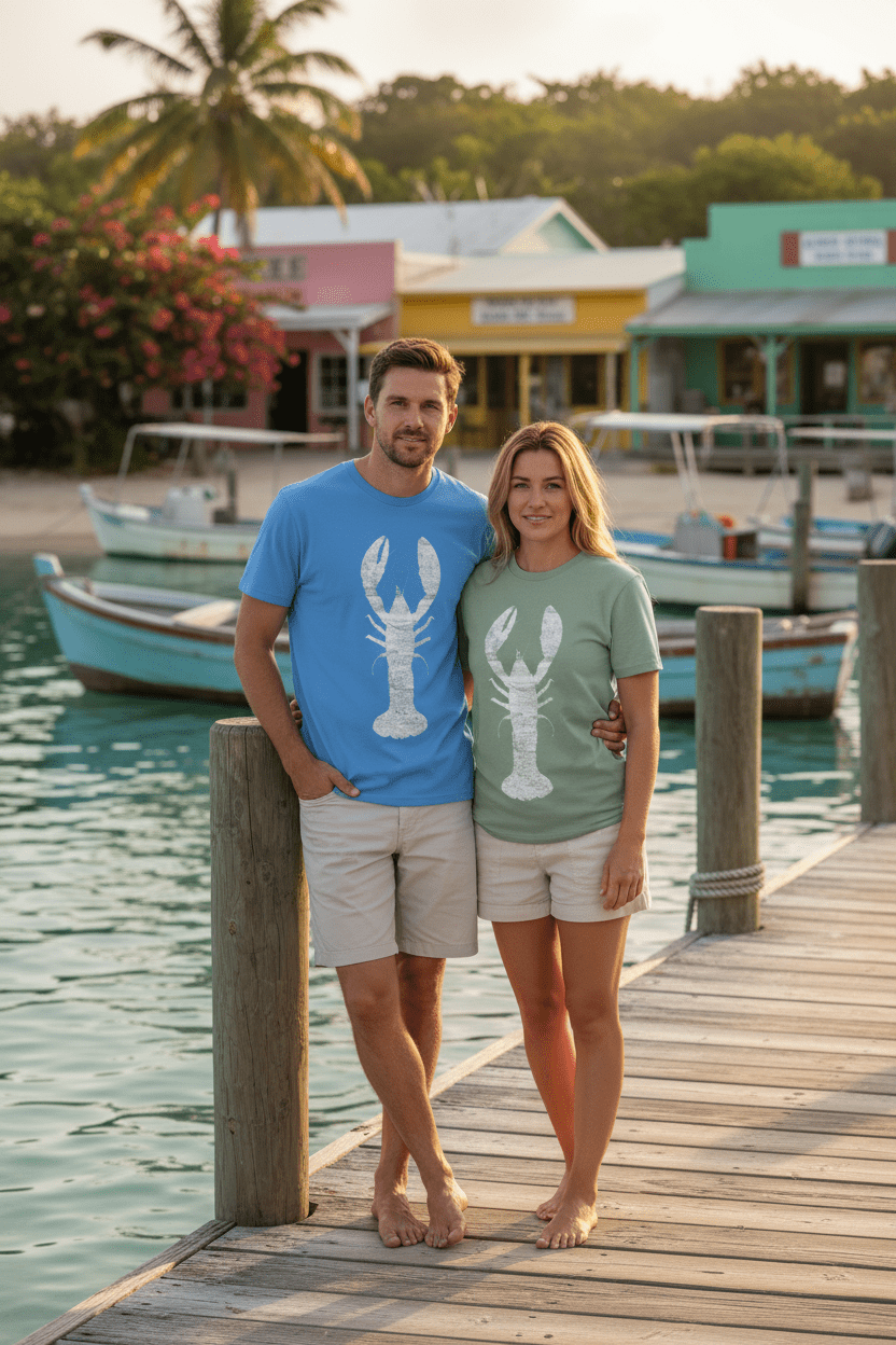 Couple lifestyle - blue and green lobster tees, tropical island dock