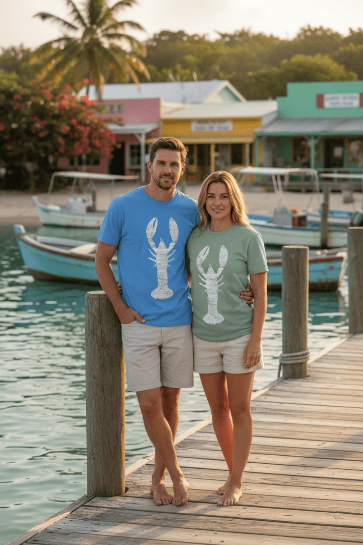 Couple lifestyle - blue and green lobster tees, tropical island dock