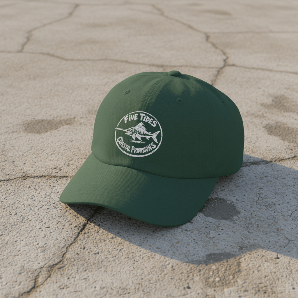 Coastal Provisions spruce dad cap on light cracked cement with wet marks