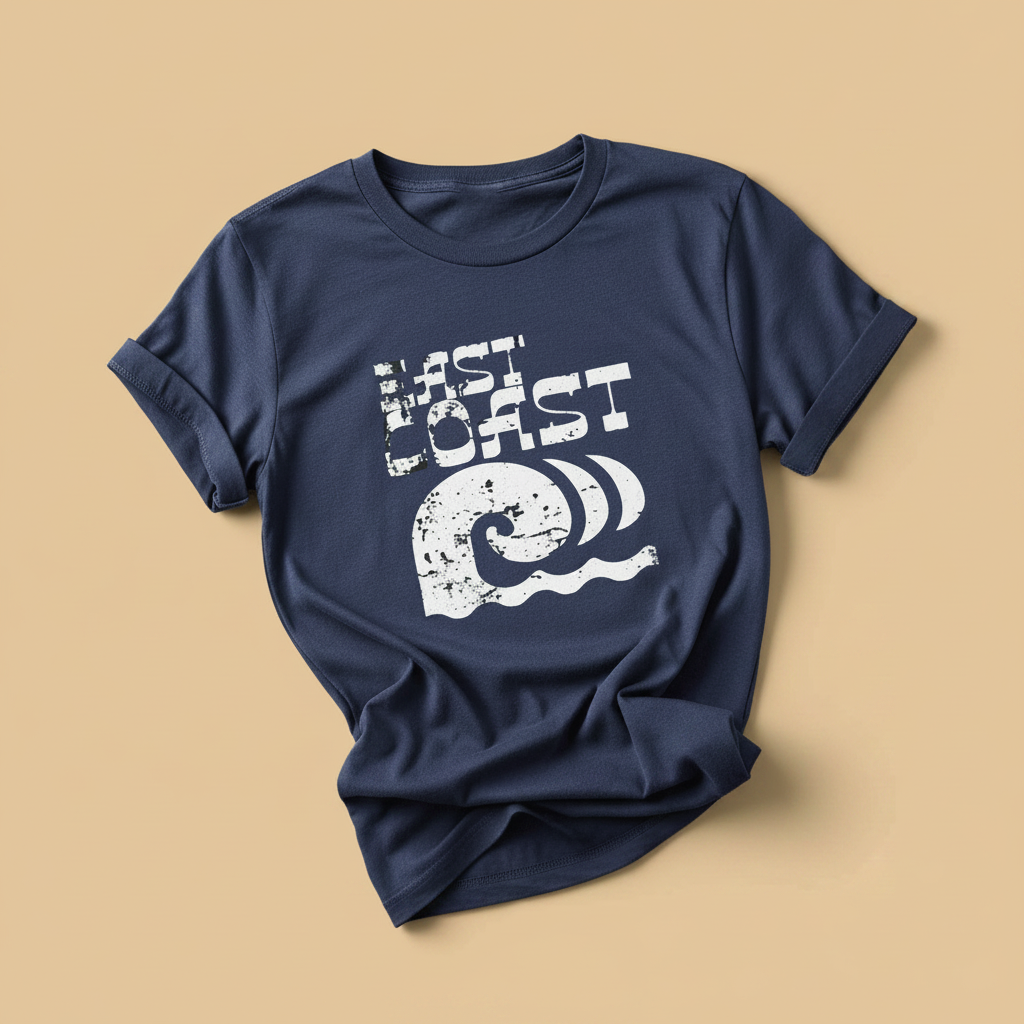 East Coast Tee in China Blue — front graphic, warm sand studio background