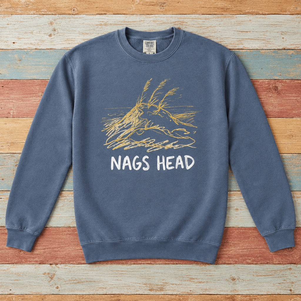 Nags Head crewneck front in Denim with weathered-gold dune graphic on colorful weathered driftwood boards